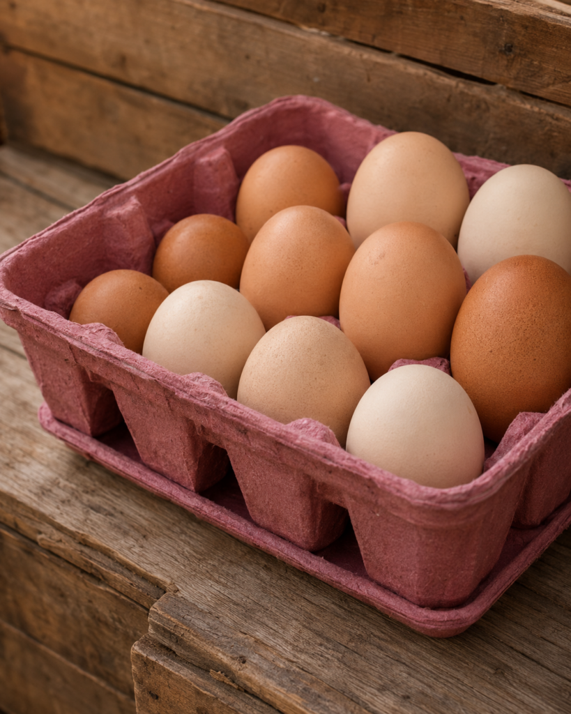 Farm-fresh brown and cream eggs in a pink carton.