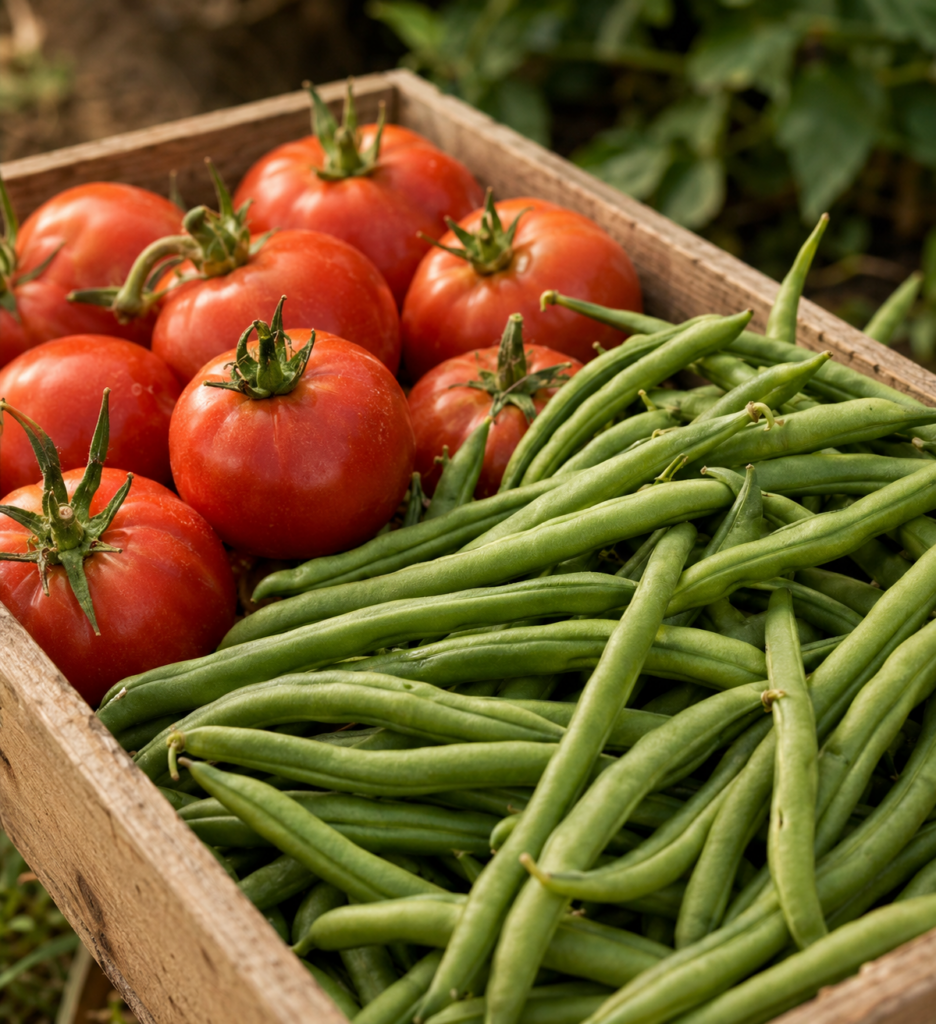 Fresh tomatoes and green beans harvested at Huddleston Farms.