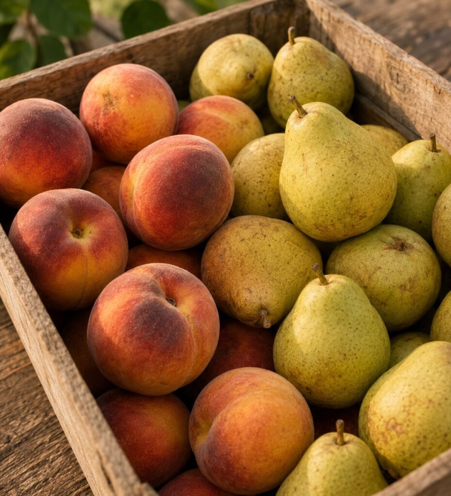 Fresh peaches and pears from the Huddleston Farms orchard.