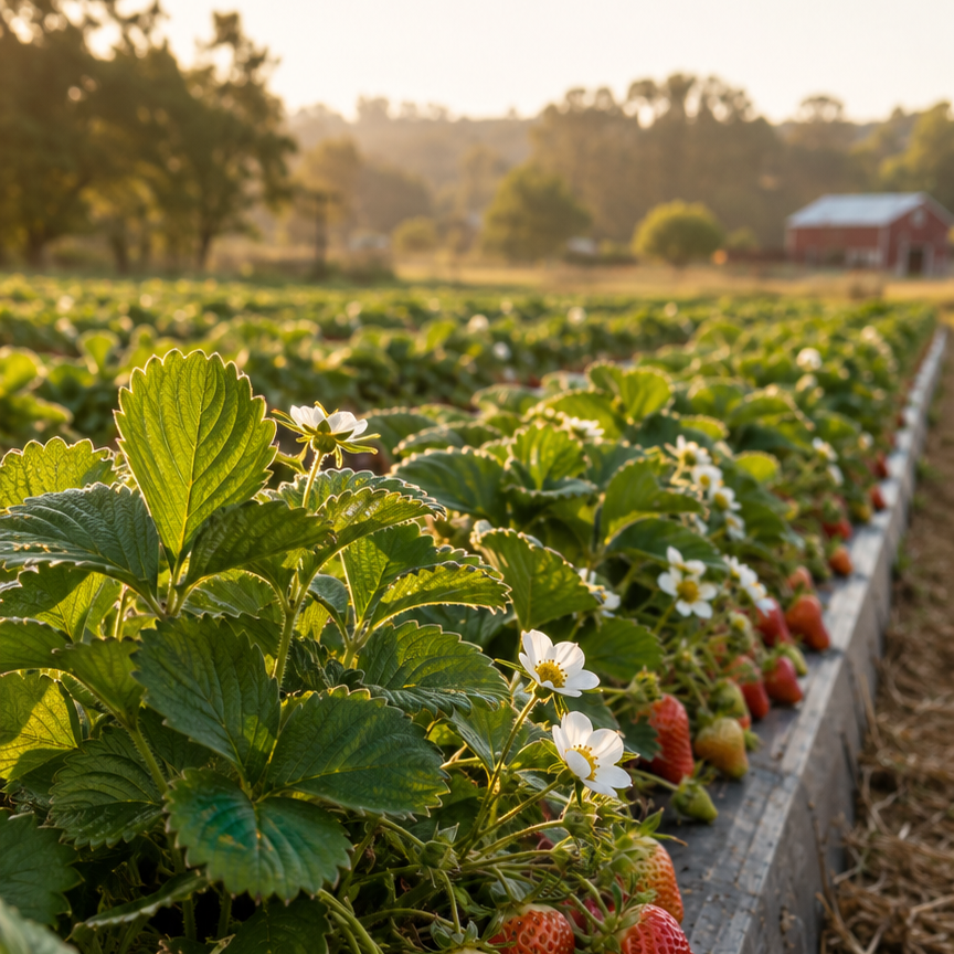 Rows of ripe strawberries growing at Huddleston Farms in Fairfield, California.